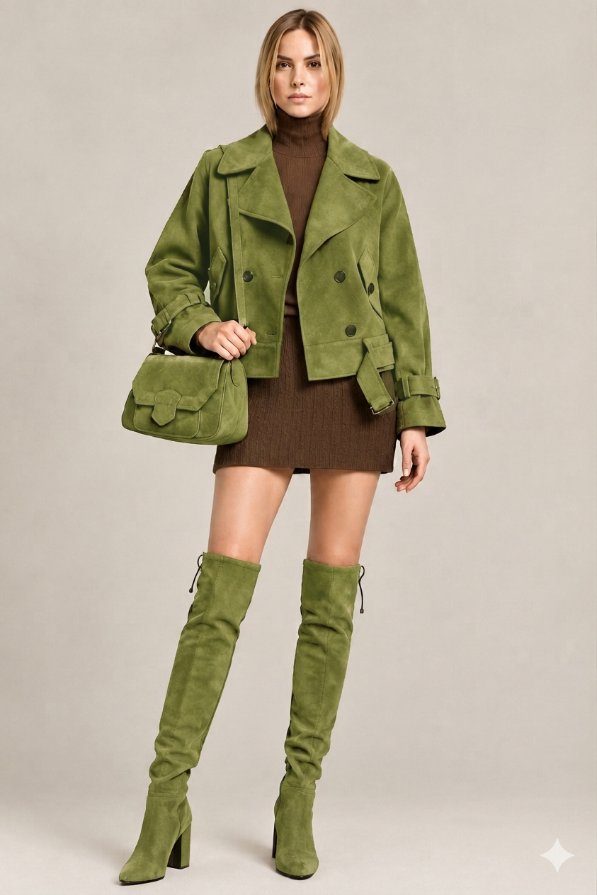Women's pistachio green custom-made thigh-high boots with round toe and mid block heel- Top view